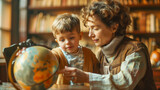 A woman and her son in the study look at an old globe, with bookshelves behind them, share warm moments together, learning together