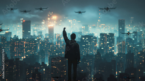 A silhouette of an urban man with his fist raised in the air standing on top, overlooking a futuristic cityscape at night. with fighter jets flying overhead, A dystopian future concept photo