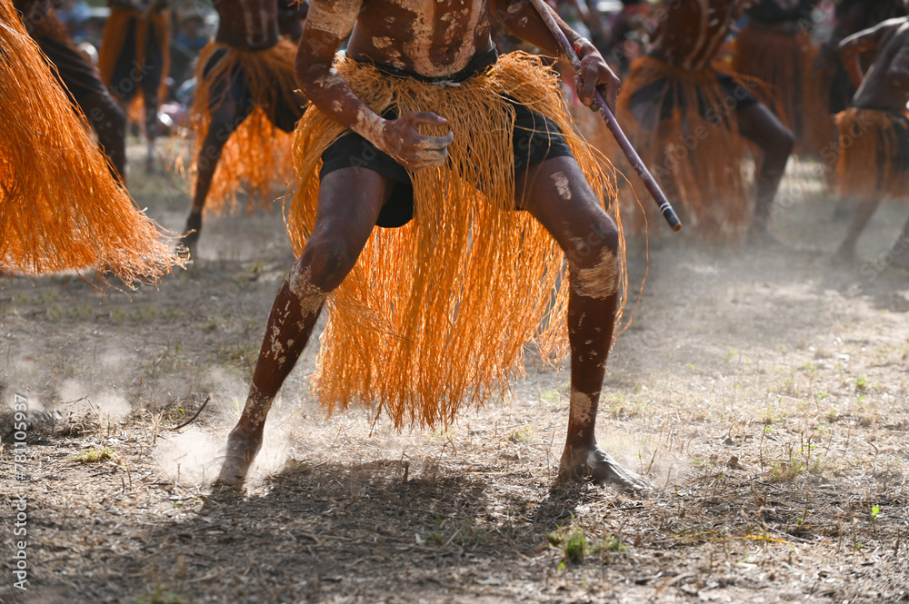 Indigenous Australians men on ceremonial dance in Laura Quinkan Dance Festival Cape York Australia