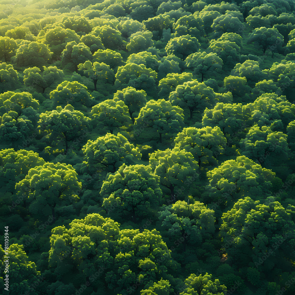 Green forest background; Sunlit amazon wood trees; Rainforest; Jungle from above