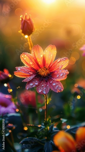An orange flower is beautifully highlighted with morning dew against a soft-focus background in the warm glow of sunrise. © Wit_Photo