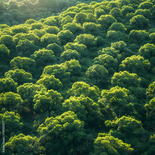 Green forest background; Sunlit amazon wood trees; Rainforest; Jungle from above