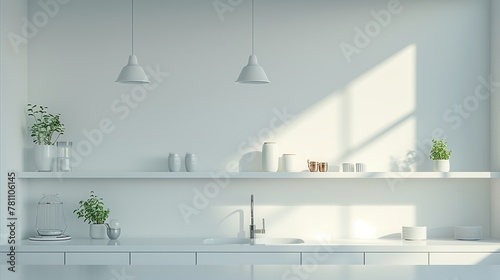 Minimalistic White Kitchen with Hanging Pendant Lights