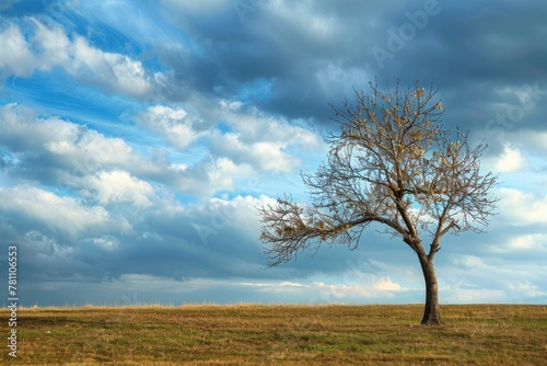Late Afternoon Scene in the French Countryside: Magnificent Leafless Tree Against a Beautiful Blue and Cloudy Background