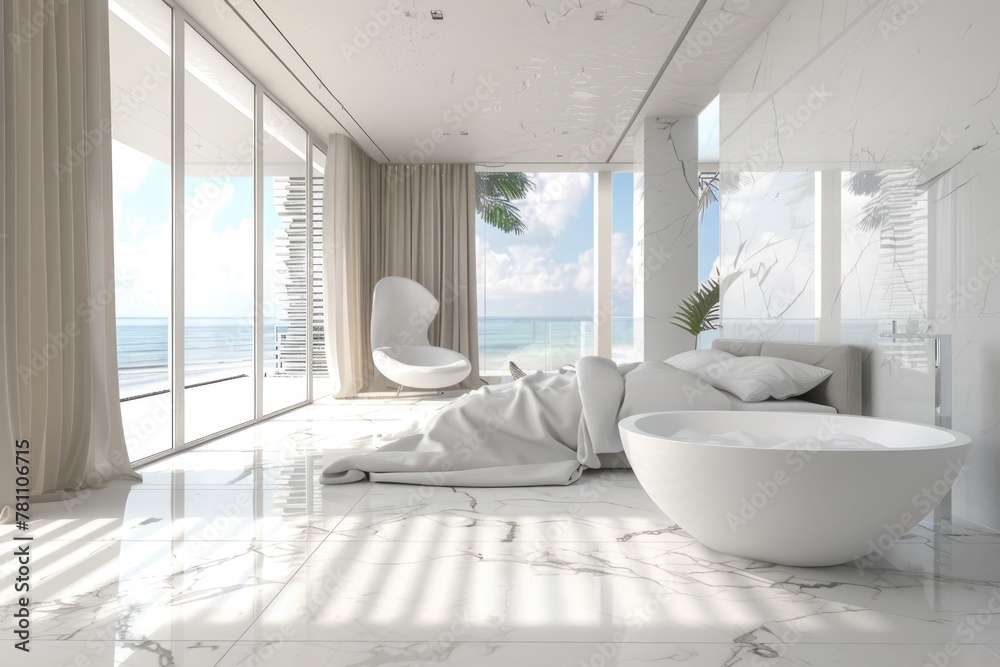 Modern Luxury: White Marble Bedroom and Bathroom with Minimalist Furniture and Double Tub