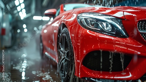 Red Sports Car in Dynamic Car Wash Setting