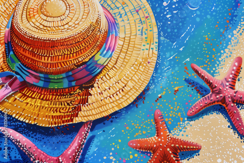 Vibrant pointillism art of a straw hat and starfish on a speckled blue backdrop, conveying a beach vibe. photo