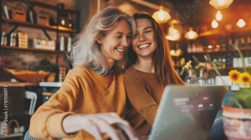 Happy multi-generational women, a mother and her adult daughter, enjoying the convenience of online shopping