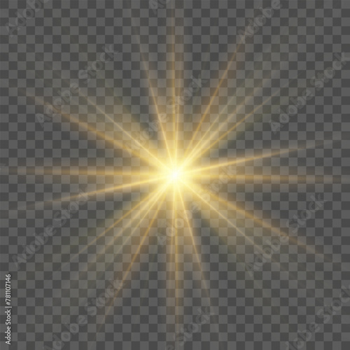 Flare with golden rays of light and magic sparkles. Bright star spark. Abstract yellow rays will raise. Transparent glitter gradient gloss, bright flash. Gold shining sun with sparkle rays. Vector.