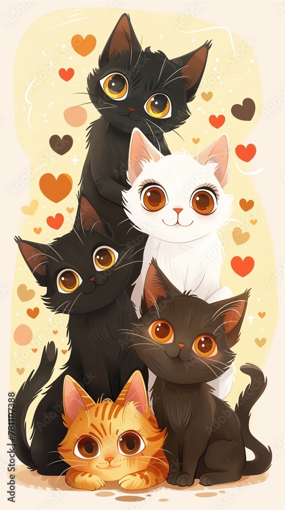 Obraz premium Adorable cartoon depiction of a loving family of five cats, radiating warmth and affection.