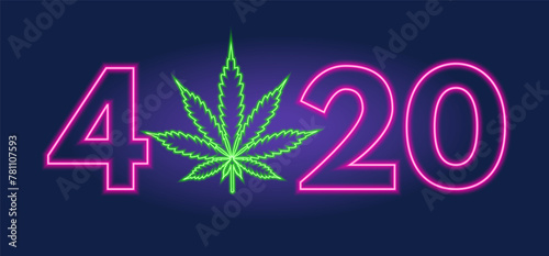 420 in neon style. Happy cannabis day concept with glowing purple number Four Twenty on dark background and green marijuana leaf. Holiday cannabis background, banner, invitation or greeting card