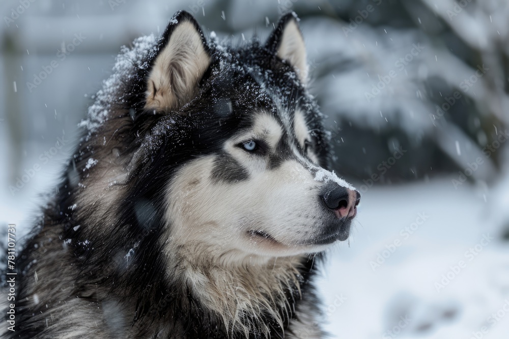 Winter Beauty of Alaskan Malamute: Attentive Black and Blue Canine Breed