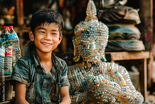 Jeune garçon Thai ayant recycler des bouteilles en plastique pour réaliser une statue de bouddha photo