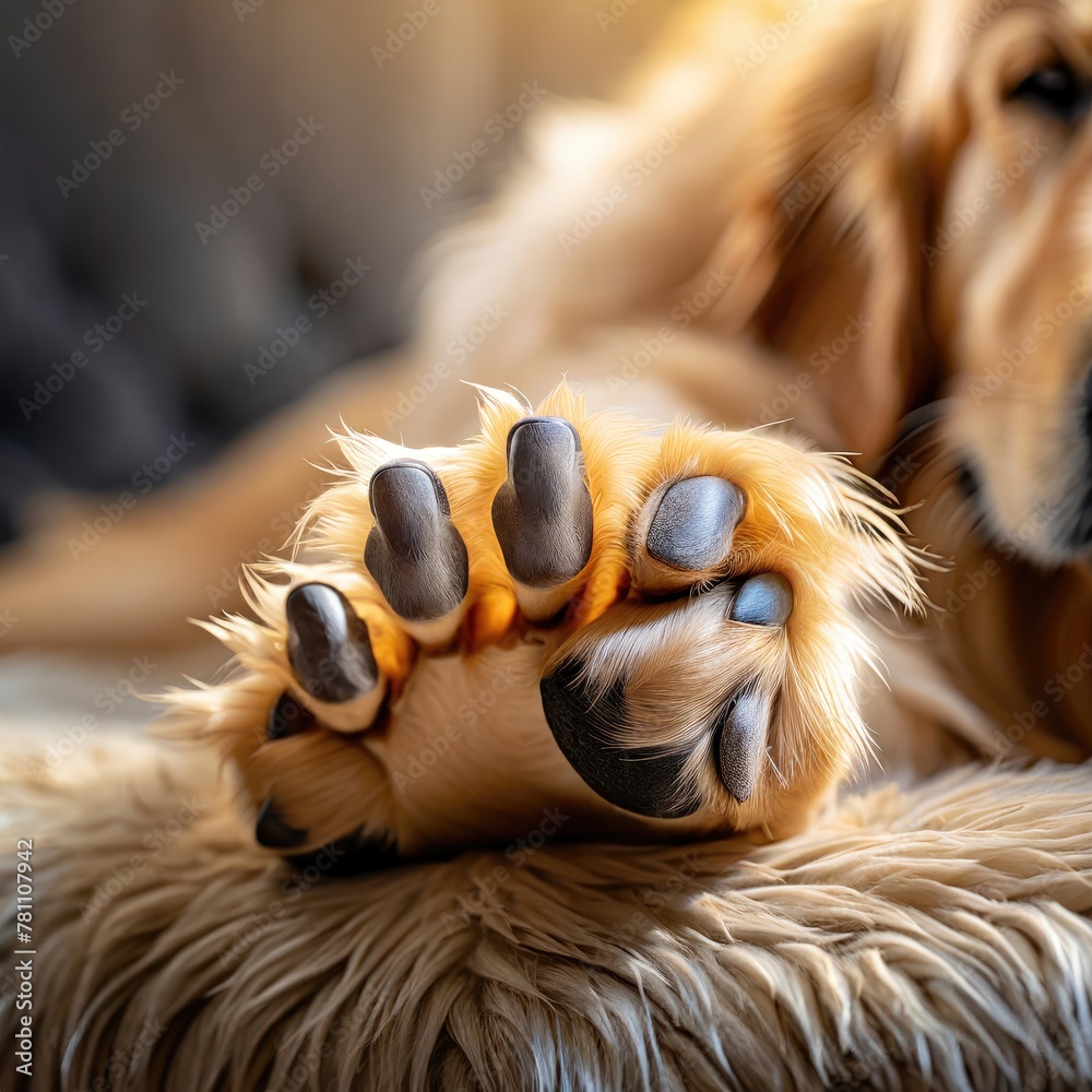 A close-up of a Golden Retriever dogs paw with long fur in focus and nails showing