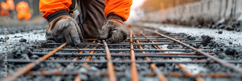 Construction Worker Aligning Rebar on Concrete