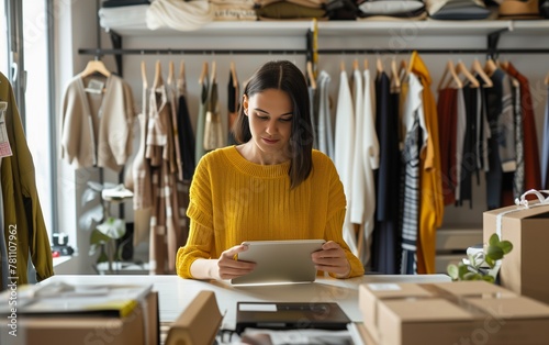 A young woman in her home office is sitting at the table, surrounded by boxes of products on which she has just been working with an iPad. She looks happy while opening up