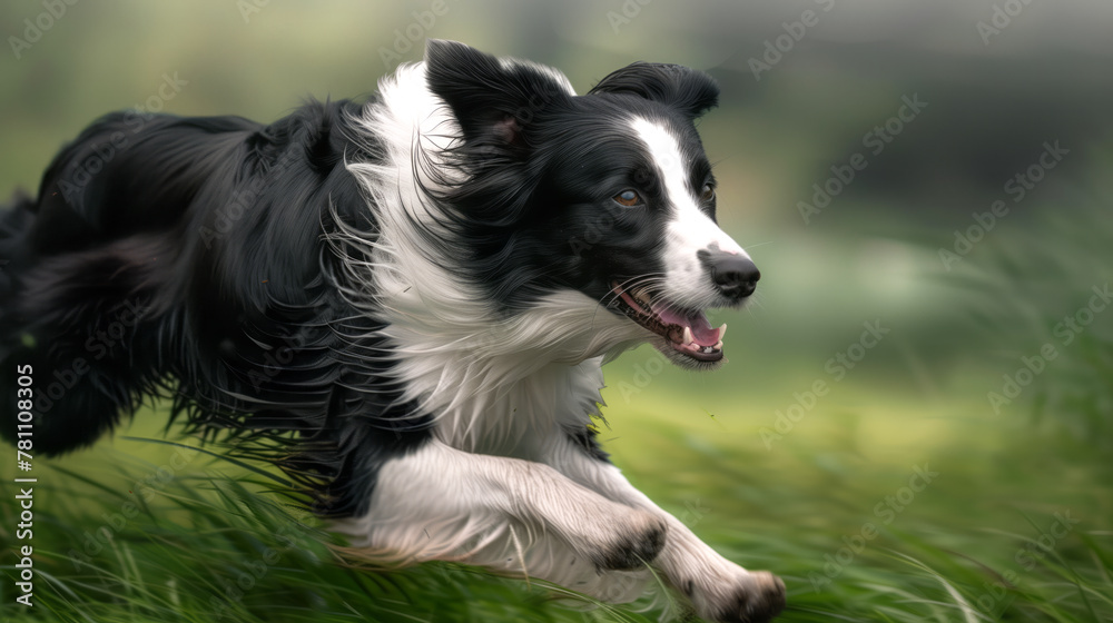 A Border Collie in action, herding sheep or playing fetch,
