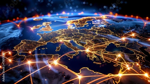 European telecommunication network connecting Europe France Germany UK Italy encompassing internet global finance blockchain IoT with influence from NASwith copyspace for text © JovialFox