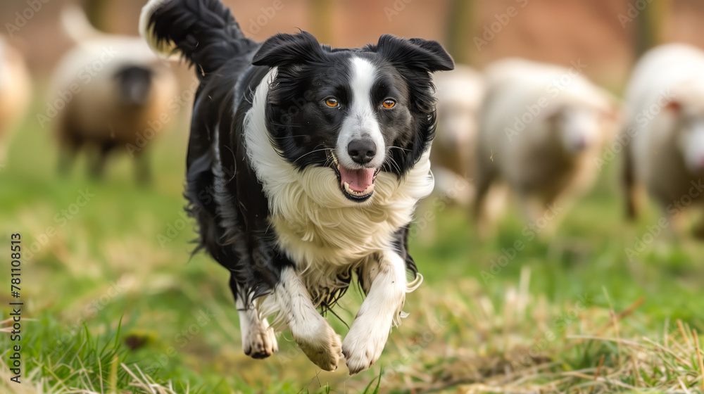 A Border Collie in action, herding sheep or playing fetch,