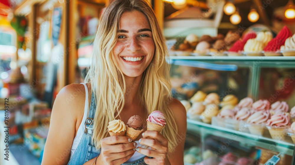 A beautiful woman with blond wavy hair buys delicious ice cream cones on a summer day. Young woman laughing and holding ice cream at Gelateria. Italy travel, female tourist enjoys gelato A beautiful woman with blond wavy hair buys delicious ice cream cones on a summer day. Young woman laughing and holding ice cream at Gelateria. Italy travel, female tourist enjoys gelato