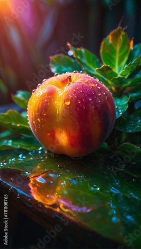Ripe peach radiating vibrant orange and yellow hues with drops of water on its surface
