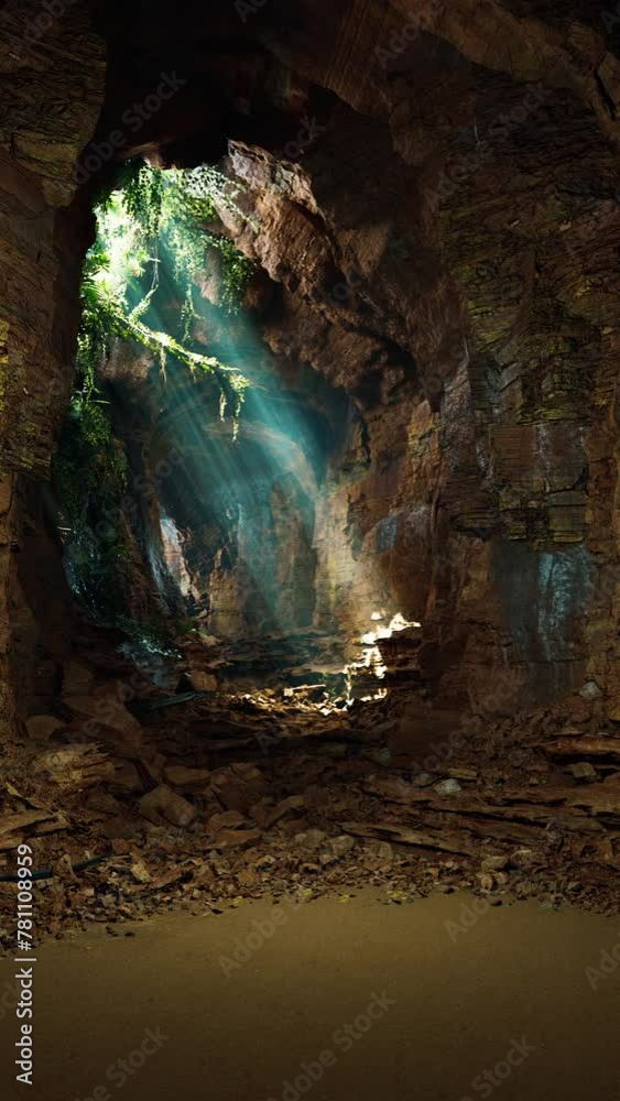 A cave filled with rocks and water, illuminated by rays of light penetrating the stone ceiling. A cave filled with rocks and water, illuminated by rays of light penetrating the stone ceiling.