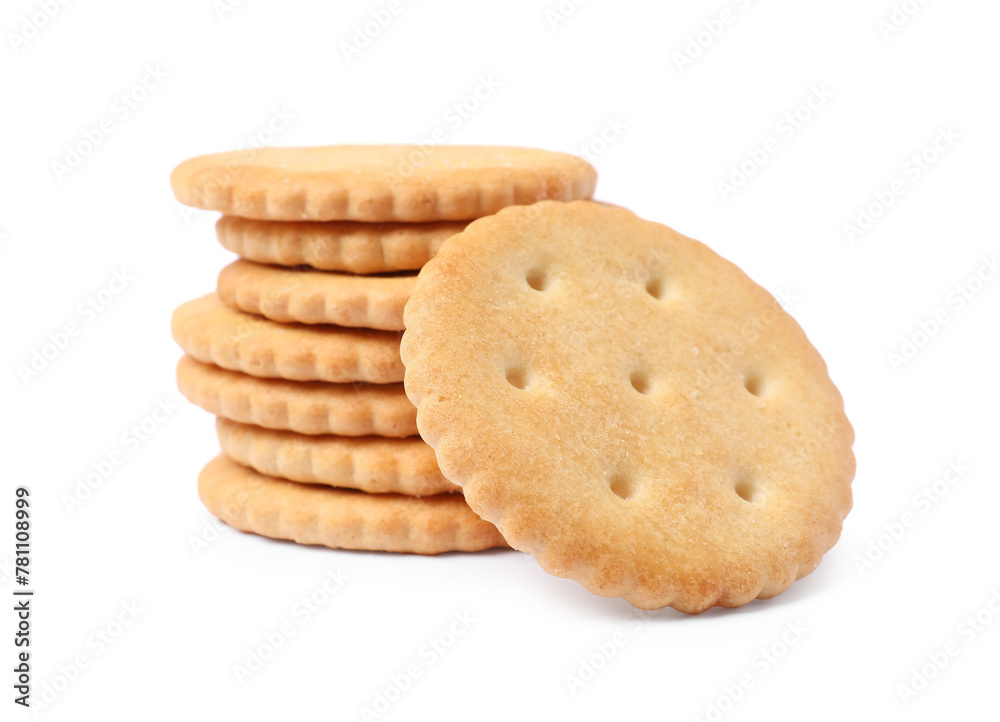 Tasty crispy round crackers isolated on white Tasty crispy round crackers isolated on white