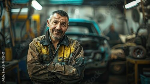Portrait of a smiling car mechanic in car workshop in woking clothes - occupation workmen. copy space for text.