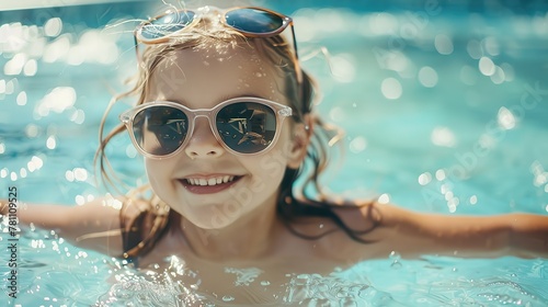 Smiling cute little girl in sunglasses in pool in sunny day. copy space for text. © Naknakhone