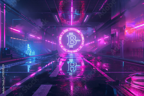 A futuristic neon illustration of a bitcoin halving event  with neon lights and graffiti elements to create a mesmerizing and futuristic scene inspired by cyberpunk aesthetics.