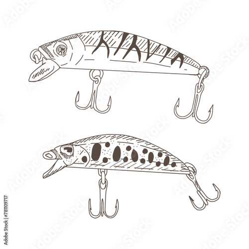 Fish hook minnow vector illustration tackle set. Fly gudgeon spinner lure feeding. Bait line drawing. Ink silhouette Black outline graphic. Fishing spoon angler tool black outline 
