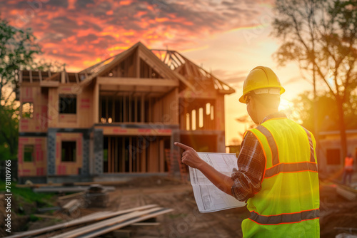 Visually striking stock photograph showcasing a construction worker pointing towards a newly built house under construction against the backdrop of a setting sun.
