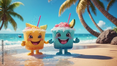 two happy funny glasses with colorful ice and smiling faces on a sunny tropical beach, generative AI photo