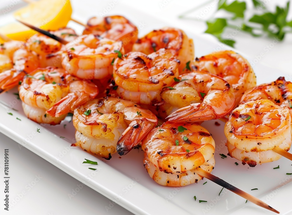 Grilled shrimp skewers. Seafood, shelfish. Shrimps Prawns skewers with spices and fresh herbs on white plate, copy space. Shrimps prawns brochette kebab. Barbecue srimps prawns.