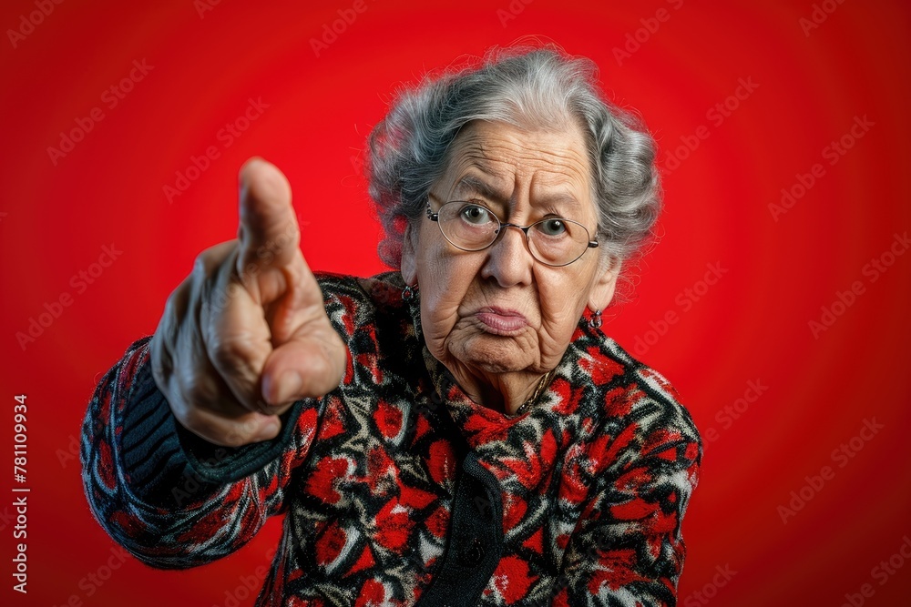 funny angry granny threatens with her finger. elderly woman on red background. Close up of a grandma hand pointing funny angry granny threatens with her finger. elderly woman on red background. Close up of a grandma hand pointing