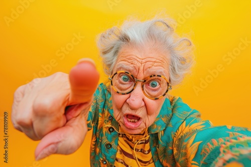  funny angry granny threatens with her finger. elderly woman on yellow background. grandma looks at the camera and hand pointing
