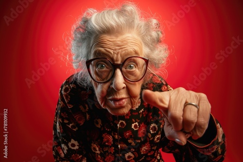  funny angry granny threatens with her finger. elderly woman on red background. Close up of a grandma hand pointing