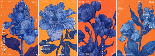 Set of four blue iris flower illustrations and vector graphics on an orange background. The dark navy illustrations focus on detailed linework to capture intricate details.