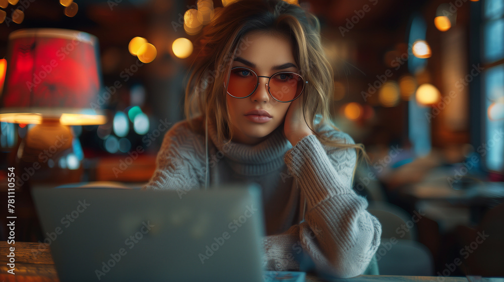 Captivating lady sits at her desk, her focus locked on the laptop screen as she navigates through her tasks Captivating lady sits at her desk, her focus locked on the laptop screen as she navigates through her tasks