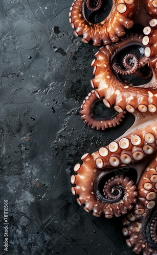 Top view of fresh octopus on a dark background, leaving space for text, this high resolution photographic stock photo is in the style of space for text
