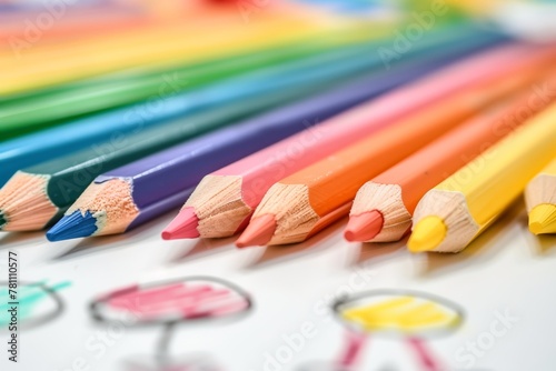 Colorful pencils lined up on white paper
