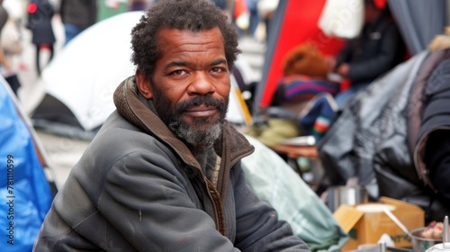A homeless man with a beard sits inside a tent