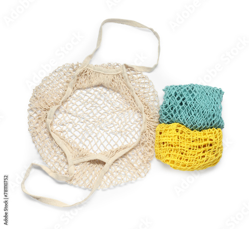 Different string bags isolated on white, top view