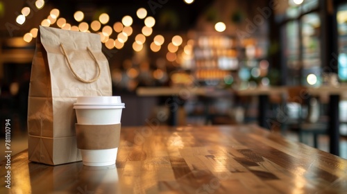 Cozy cafe interior with white coffee cup and craft paper bag mockup for a warm ambiance