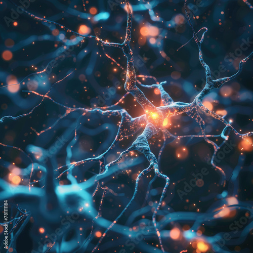 neurons firing in a healthy brain, symbolizing improved brain function from Shilajit Bright, dynamic neural connections on a dark background photo