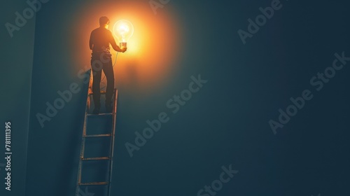 A person standing on a ladder and reaching for a lightbulb  representing the ambition and aspiration to achieve breakthrough ideas through smart thinking. 