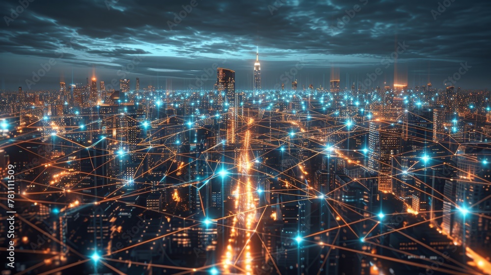 Global network connection, covering the city with lines of innovative perception. The concept of 5G wireless digital communication and the future of the Internet of things.ai generative