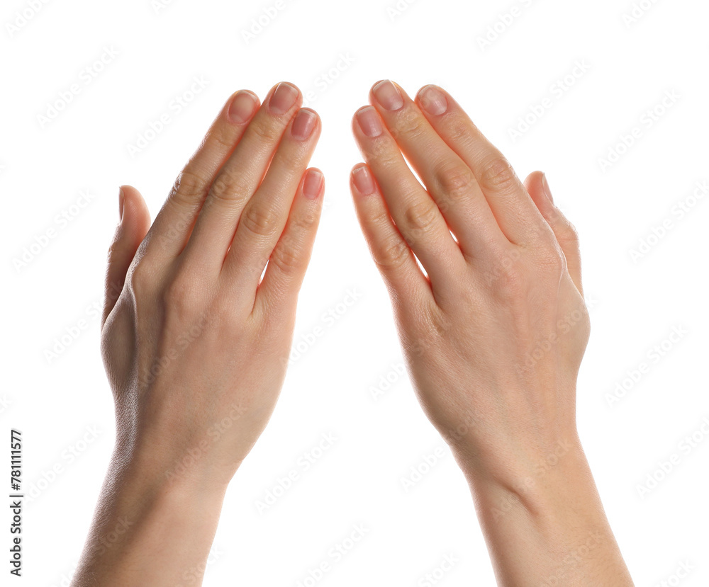 Religion. Woman with open palms praying on white background, closeup Religion. Woman with open palms praying on white background, closeup