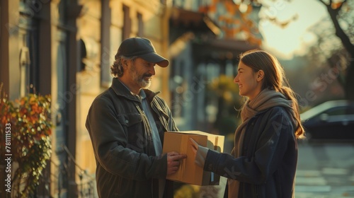 Courier in a city street handing over a parcel to a smiling woman on a chilly day. Delivery service © victoriazarubina