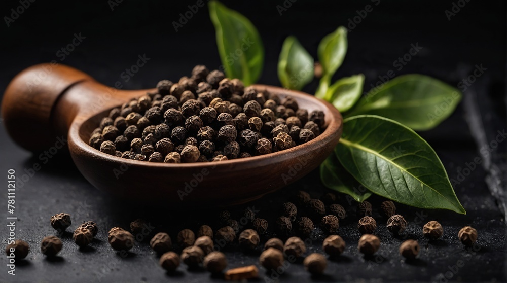 Black pepper on a black background.